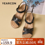 意尔康皮鞋女软底坡跟平底鞋中年妈妈魔术贴皮凉鞋 18075W 黑色 35
