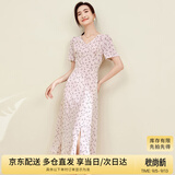 尚都比拉夏季V领碎花连衣裙中长款收腰显瘦气质印花裙子 粉底花色 S 