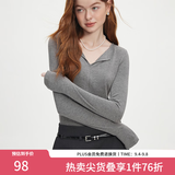 范思蓝恩秋季V领套头百搭长袖针织T恤女秋季2024新款通勤修身针织衫上衣 高级灰 XS