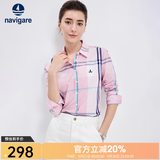 Navigare意大利小帆船女士长袖衬衫春秋季休闲格子衬衣莱赛尔高档寸衫 洋红/白 M