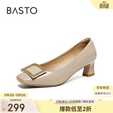 百思图气质通勤方扣红色婚鞋粗跟女高跟鞋单鞋K5803AQ6