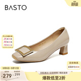 百思图气质通勤方扣红色婚鞋粗跟女高跟鞋单鞋K5803AQ6