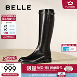 百丽（Belle）章若楠董洁同款双子星骑士女冬季商场款牛皮长靴B9V1DDG4 牛皮升级版-黑色（小个子低筒版） 34 (220mm)