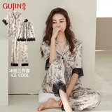 古今（GUJIN）三件套夏冰丝国风睡衣女轻奢性感家居服短袖睡裤仿真丝大码套装XL