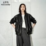 太平鸟女装仿手搓油蜡皮PU皮衣外套女春装时尚宽松夹克 黑色 L