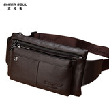 喜枝秀腰包男头层牛皮多功能斜挎胸包薄款隐形包贴身手机腰包休闲运动包 咖啡
