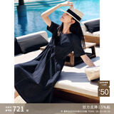 玖姿·安娜蔻【明星同款】慵懒松弛感莱赛尔亚麻牛仔收腰连衣裙女夏季 丈青 M