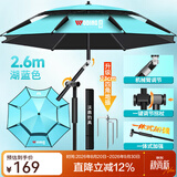 沃鼎钓鱼伞新款钓鱼遮阳伞户外垂钓伞拐杖伞大伞太阳伞沙滩伞台钓伞 2.6米 黑胶防晒 机械臂拐杖-湖蓝