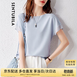 尚都比拉拼接短袖雪纺衫女显瘦遮肚子上衣夏季女装薄款休闲T恤 浅蓝色 S