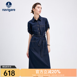 Navigare意大利小帆船女士短袖牛仔连衣裙夏季纯棉亲肤衬衫裙百搭长裙子 海军蓝 L 偏大