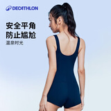 迪卡侬泳衣女泡温泉比基尼潜水服海边性感显瘦遮肚连体游泳衣大码带胸垫 灰蓝色 S /38