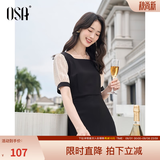 欧莎（OSA）黑色方领短袖连衣裙一眼惊艳微胖女夏新款中长款赫本风泡泡袖裙子 黑色A S