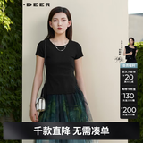 S.DEER圣迪奥2022女装简约圆领不规则拼接休闲修身通勤短袖针织衫 黑色/91 S 160