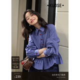 阔色（kuose）蓝色格子衬衫女2025秋季新款miu系穿搭荷叶边衬衣上衣短款 格纹（长袖）1004 M