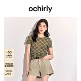 欧时力OCHIRLY[热销补货]女装短袖T恤2026夏季菱格印花缩褶正肩显瘦 灰绿格 M