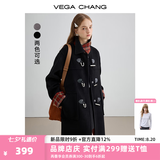 VEGA CHANG新年红黑色呢子大衣女2025年冬新款加厚新年红格纹拼接外套 锆石黑 M