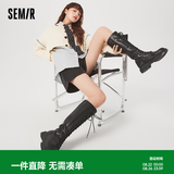 Semir官方正品时装靴女靴春秋季新款潮流休闲高帮系带机车靴长筒靴女 黑色 37