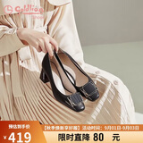 金利来（Goldlion）女鞋方头粗高跟简约金属扣饰浅口工作通勤单鞋68291009黑色40码