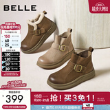 百丽（Belle）复古擦色鞋头牛皮休闲靴女冬季新款商场厚底短靴E5D1DDD5 棕色 35 (225mm)