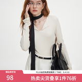 范思蓝恩秋季V领套头百搭长袖针织T恤女秋季2024新款通勤修身针织衫上衣 奶杏色 M