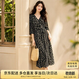 尚都比拉度假风碎花连衣裙女夏天V领气质中长裙收腰A字雪纺裙子 黑花 L