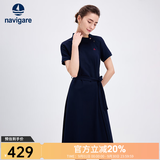 Navigare意大利小帆船短袖连衣裙女士夏季棉质斜领裙子时尚显瘦半袖a字裙 海军蓝 M 码