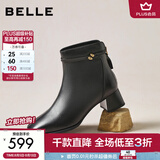 百丽（Belle）气质羊皮时装靴女冬季新款商场同款高跟通勤优雅短靴3LI44DD5 黑色-单里 38 (240mm)