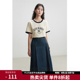 独束大码女装复古撞色圆领趣味印花T恤女夏新品微胖mm百搭休闲上衣 米杏撞藏青 4XL (尺码：6)