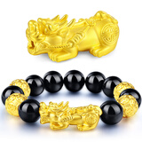 唯誠越南电镀沙金3d硬皮丘貔貅手链串男不掉色黑曜石玛瑙手链女首饰 名扬四海【大貔貅款】 珠子14mm