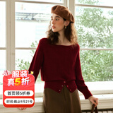 Olrain【5折】法式通勤一字领毛衣女装秋季女装开叉下摆收腰套头针织衫 红色 S