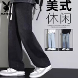 花花公子牛仔裤男夏季潮流美式男款裤子百搭阔腿直筒长裤春秋款男裤 黑灰色 L 【建议体重125-145斤】