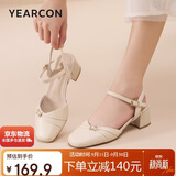 意尔康女鞋羊皮粗跟包头凉鞋女仙女风玛丽珍后空单鞋 17896W米白2 37