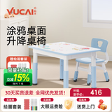 育才儿童桌椅花生桌可升降涂鸦幼儿园学习画画桌宝宝积木玩具游戏桌椅 小蓝鲸长方桌120X60CM 配一椅