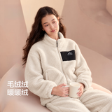 俞兆林（YUZHAOLIN）睡衣女冬2026新款加绒加厚套装女士秋冬天珊瑚绒家居服大码可外穿 NSLIU-雪山刺绣贴布燕麦 （加绒加厚套装） XL （建议120-140斤）