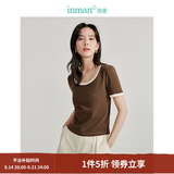 茵曼（INMAN）撞色罗纹棉女装U领短袖T恤修身气质通勤2026夏季新款短款上衣 深咖啡 S