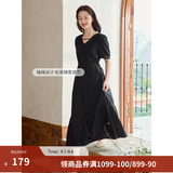 茵曼（INMAN）法式薄荷曼波连衣裙2024夏女装新品V领灯笼袖抽绳 午夜黑 S