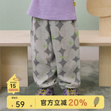 papa爬爬夏季儿童裤子印花防蚊裤男女宝宝双层绉布长裤透气宽松 浅灰色 110 cm
