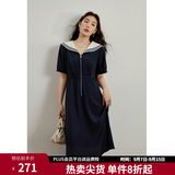 独束大码女装【长短款】海军风撞色减龄连衣裙女夏新款微胖mm裙子 长款 2XL