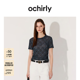 欧时力OCHIRLY[热销补货]女装短袖T恤2026夏季菱格印花缩褶正肩显瘦 蓝黑格 L