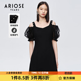 艾诺丝雅诗【商场同款】夏新珍珠网纱泡泡袖短袖小清新小黑裙连衣裙10429006 黑色 M