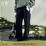 日着设计师女装2025秋季新款运动休闲宽松显瘦高级窄版直筒长裤子 客黑加厚款 L