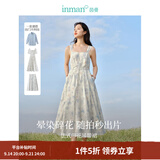 茵曼（INMAN）亚麻吊带植物碎花连衣裙女2026年夏季法式方领泡泡袖蓝色长裙 月蓝色吊带裙 M