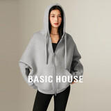 百家好（Basic House）美式复古纯色连帽卫衣女新款春秋宽松拉链开衫外套潮流显瘦深灰