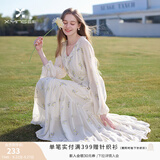 香影法式碎花v领长袖连衣裙女2026秋季新款温柔收腰中长款a字纱裙 鹭白 M 160/84A/95-110斤
