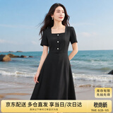 尚都比拉短袖连衣裙女夏季复古赫本风气质通勤裙子中长款A字裙 雅黑色 M