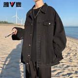 雅鹿牛仔外套男秋季男装港风潮流宽松夹克上衣加绒加厚痞帅工装外衣服 黑色 常规 XL [建议体重120-140斤]