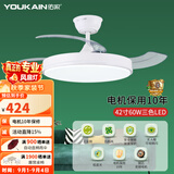 佑家（YOUKAIN） 变频隐形扇餐厅现代简约吊扇灯北欧小客厅风扇灯LED创意吊灯风扇 42寸60w全光谱不含安装