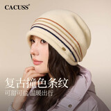 CACUSS毛线帽子女款秋冬条纹宽松堆堆帽显脸小针织帽保暖护耳冷帽 米