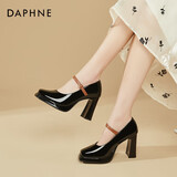 达芙妮超高跟鞋女法式气质一字式扣带方头粗跟单鞋女4623101118 黑色38