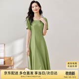 尚都比拉短袖连衣裙女夏季时尚通勤中长款a字裙钉珠收腰显瘦裙子 绿色 M